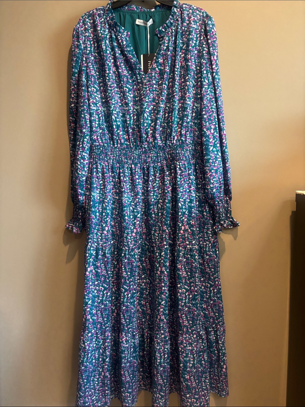 Long Sleeve Floral Tiered Midi Dress in Teal and Purple